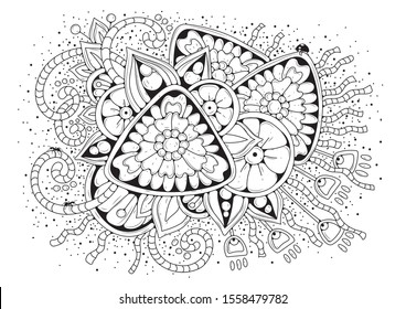 Coloring book for adult and older children. Black and white abstract floral pattern. Design for meditation. The image can be used in design and printing on fabric