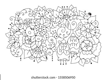 Coloring book for adult and older children. Black and white abstract floral pattern. Design for meditation. The image can be used in design and printing on fabric
