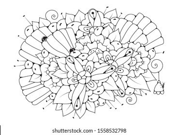 Coloring book for adult and older children. Black and white abstract floral pattern. Design for meditation. The image can be used in design and printing on fabric