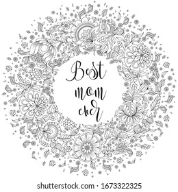 Coloring book for adult and older children. Coloring page with flowers pattern frame.