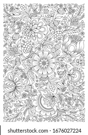 Coloring book for adult and older children. Coloring page with flowers pattern frame.