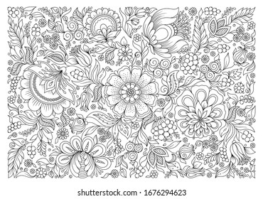 Coloring book for adult and older children. Coloring page with flowers pattern frame.