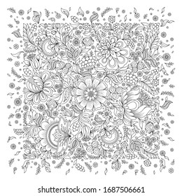 Coloring book for adult and older children. Coloring page with flowers pattern