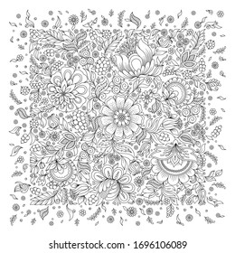 Coloring book for adult and older children. Coloring page with flowers pattern