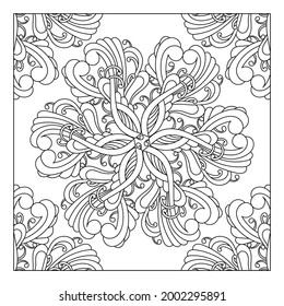 Coloring book for adult and older children. A square decorative element with a mandala. Hand drawn Vector illustration on white background.