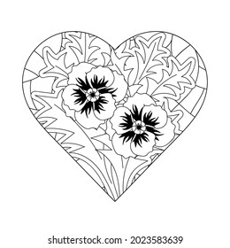 Coloring book for adult and older children, Floral nature composition in doodle style Decorative Love Heart. Hand-drawn floral Vector illustration.