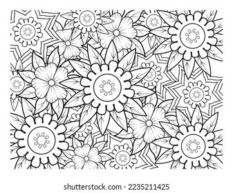 Coloring book for adult and older children. Coloring page with flowers pattern fram
