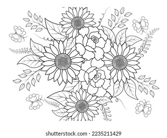 Coloring book for adult and older children. Coloring page with flowers pattern fram
