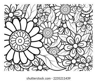 Coloring book for adult and older children. Coloring page with flowers pattern fram
