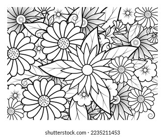 Coloring book for adult and older children. Coloring page with flowers pattern fram
