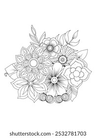 Coloring book for adult and older children. Coloring page with flowers. Black and white vector illustration.
