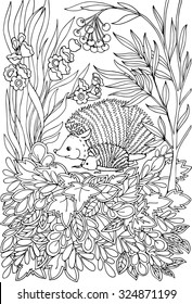 Coloring book for adult and older children. Coloring page with lovely mother hedgehog and her small hedgehog in the garden