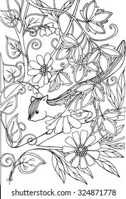 Coloring book for adult and older children. Coloring page with lovely chipmunk in the garden