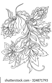 Coloring book for adult and older children. Coloring page with vintage flowers pattern