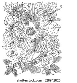 Coloring book for adult and older children. Coloring page with pattern made of Christmas decorative elements. 