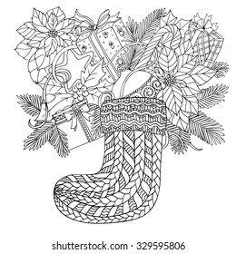 Coloring book for adult and older children. Coloring page with pattern made of Christmas decorative elements. 