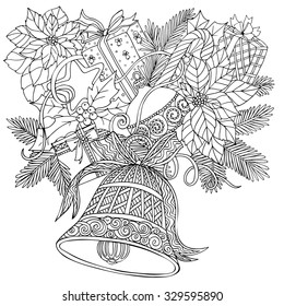 Coloring book for adult and older children. Coloring page with pattern made of Christmas decorative elements. 