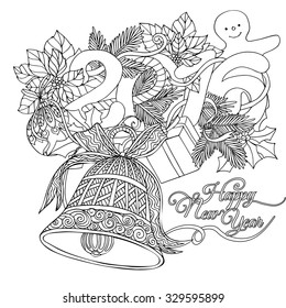 Coloring book for adult and older children. Coloring page with pattern made of Christmas decorative elements. 