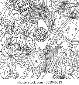 Coloring book for adult and older children. Coloring page with pattern made of Christmas decorative elements. 