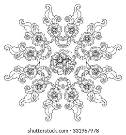 Coloring book for adult and older children. Coloring page with vintage flowers pattern