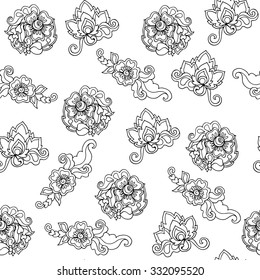 Coloring book for adult and older children. Coloring page with vintage flowers seamless pattern
