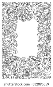 Coloring book for adult and older children. Coloring page with vintage flowers pattern