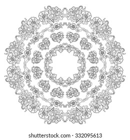 Coloring book for adult and older children. Coloring page with vintage flowers pattern