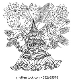 Coloring book for adult and older children. Coloring page with pattern made of Christmas decorative elements. 