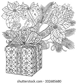 Coloring book for adult and older children. Coloring page with pattern made of Christmas decorative elements. 