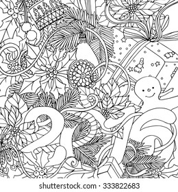 Coloring book for adult and older children. Coloring page with pattern made of Christmas decorative elements. 