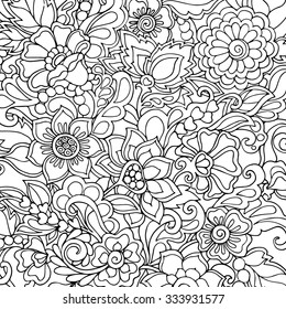 Coloring book for adult and older children. Coloring page with vintage flowers pattern