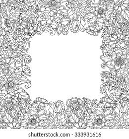 Coloring book for adult and older children. Coloring page with vintage flowers pattern frame.