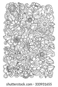 Coloring book for adult and older children. Coloring page with vintage flowers pattern