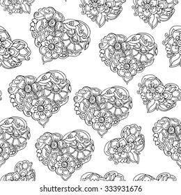 Coloring book for adult and older children. Coloring page with vintage flowers seamless pattern