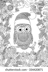Coloring book for adult and older children. Coloring page with cute owl in Santa Claus cap and Christmas wreath frame. Outline drawing in zentangle style.