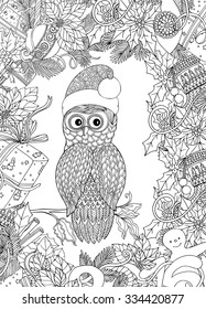 Coloring book for adult and older children. Coloring page with cute owl in Santa Claus cap and Christmas wreath frame. Outline drawing in zentangle style.