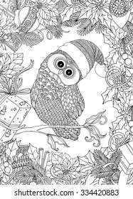 Coloring book for adult and older children. Coloring page with cute owl in Santa Claus cap and Christmas wreath frame. Outline drawing in zentangle style.