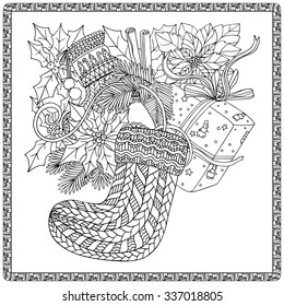 Coloring book for adult and older children. Coloring page with pattern made of Christmas decorative elements. 