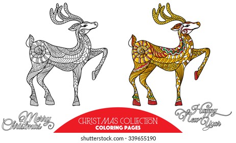 Coloring book for adult and older children. Coloring page with Christmas decorative elements. Outline drawing with colored sample