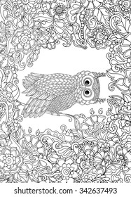 Coloring book for adult and older children. Coloring page with cute owl and floral frame. Outline drawing in zentangle style