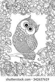 Coloring book for adult and older children. Coloring page with cute owl and floral frame. Outline drawing in zentangle style