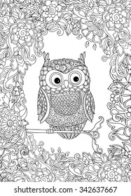 Coloring book for adult and older children. Coloring page with cute owl and floral frame. Outline drawing in zentangle style