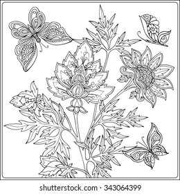 Coloring book for adult and older children. Coloring page with decorative vintage flowers and decorative butterflies. Outline hand drawn.