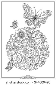 Coloring book for adult and older children. Coloring page with decorative vintage flowers and decorative butterflies. Outline hand drawn. Vector illustration.