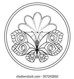 Coloring book for adult and older children. Coloring page. Outline drawing. Decorative butterfly in frame
