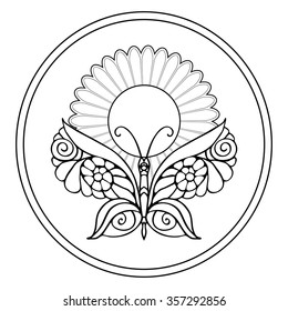 Coloring book for adult and older children. Coloring page. Outline drawing. Decorative butterfly in frame