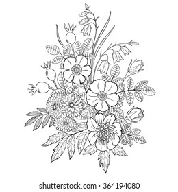 Coloring book for adult and older children. Page with vintage flowers pattern. Linear illustration. Bunch of rose, peony, daisies and bells in vintage style. 