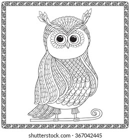 Coloring book for adult and older children. Coloring page with cute owl. Outline drawing in zentangle style