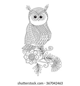 Coloring book for adult and older children. Coloring page with cute owl and flowers. Outline drawing in zentangle style