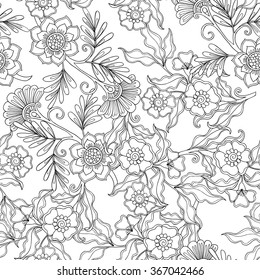 Coloring book for adult and older children. Coloring page with vintage flowers seamless pattern
